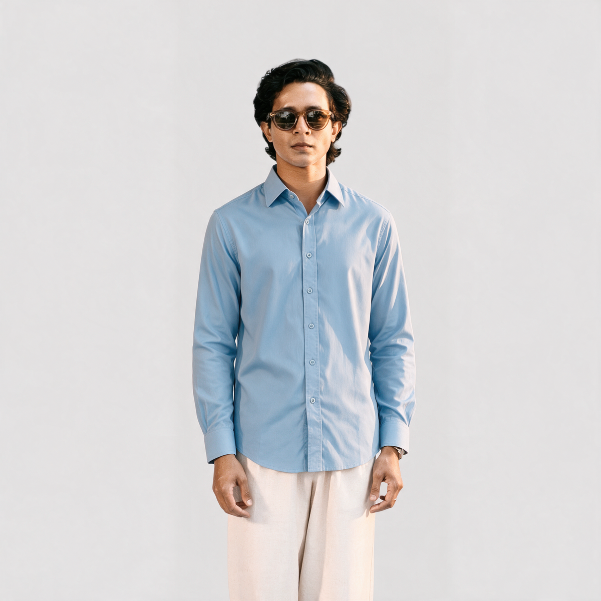 Premium Linen Shirt with European Collar - Light Sky Blue