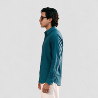 Premium Linen Shirt with European Collar - Teal Blue