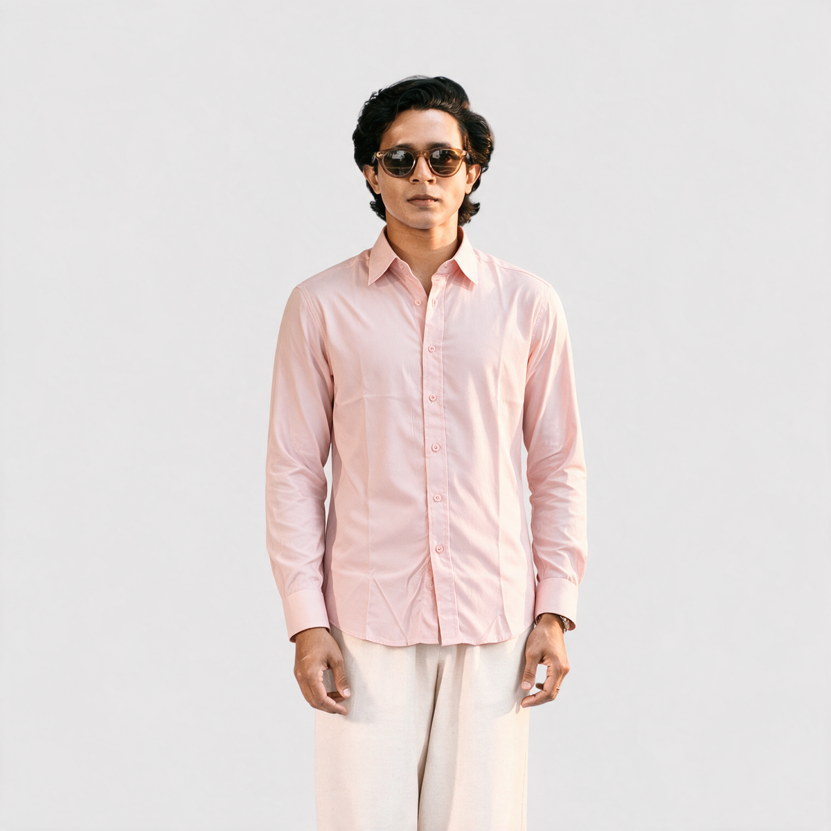 Premium Linen Shirt with European Collar - Soft Pink