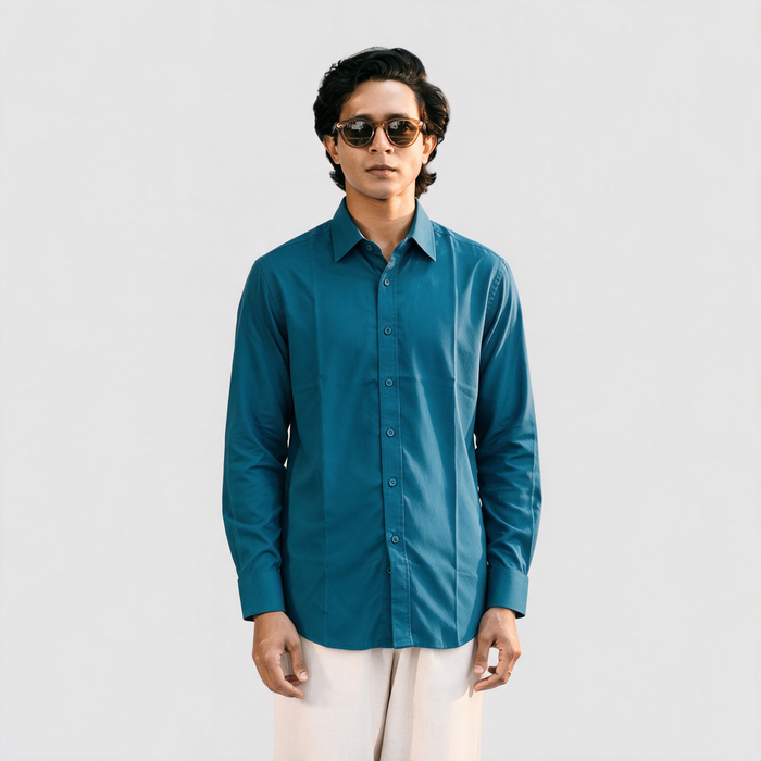 Premium Linen Shirt with European Collar - Teal Blue